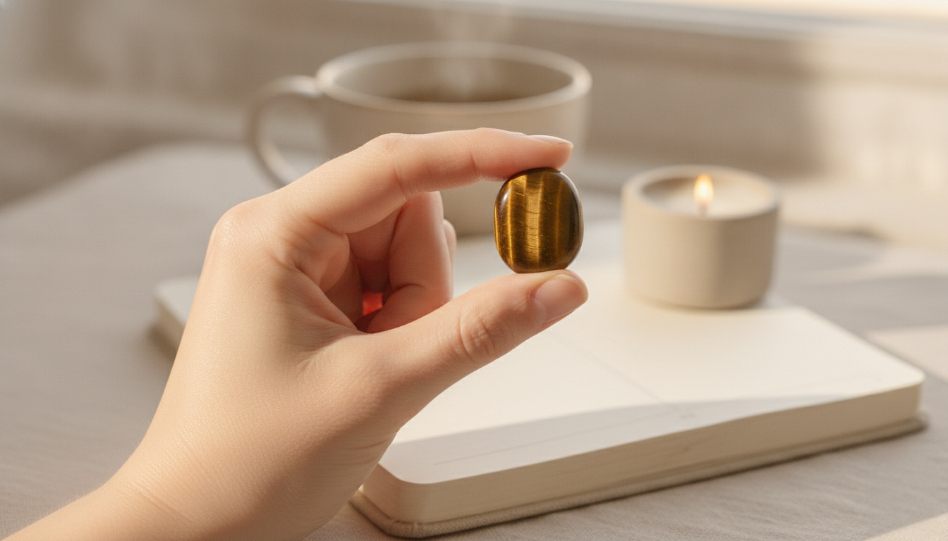 Woman's hand holding a polished Tiger's Eye crystal in warm morning light, evoking steady courage and grounded inner strength.
