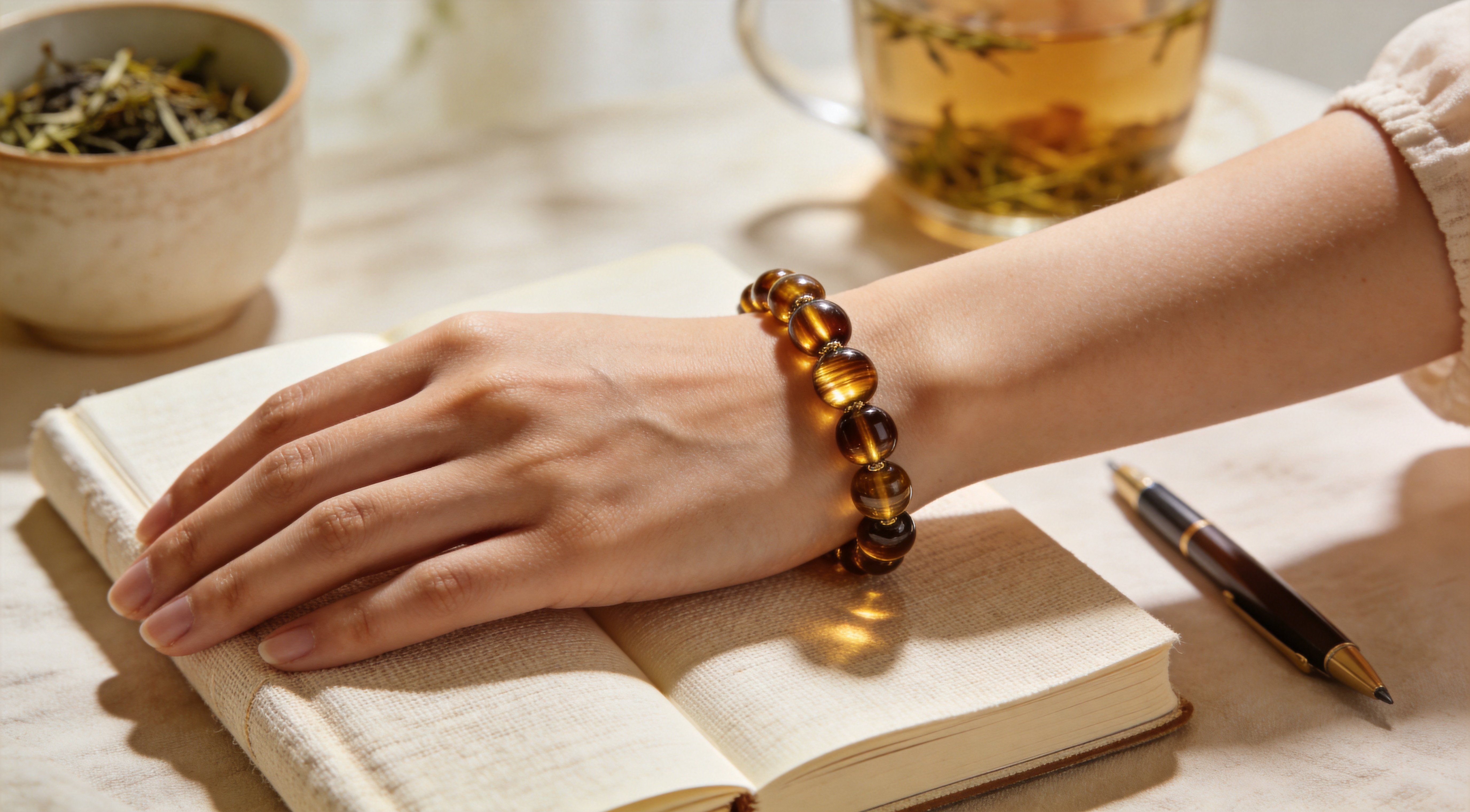 Woman's wrist wearing a Tiger's Eye crystal bracelet, resting on an open journal in soft morning light, embodying grounded confidence, steady focus, and daily intention.