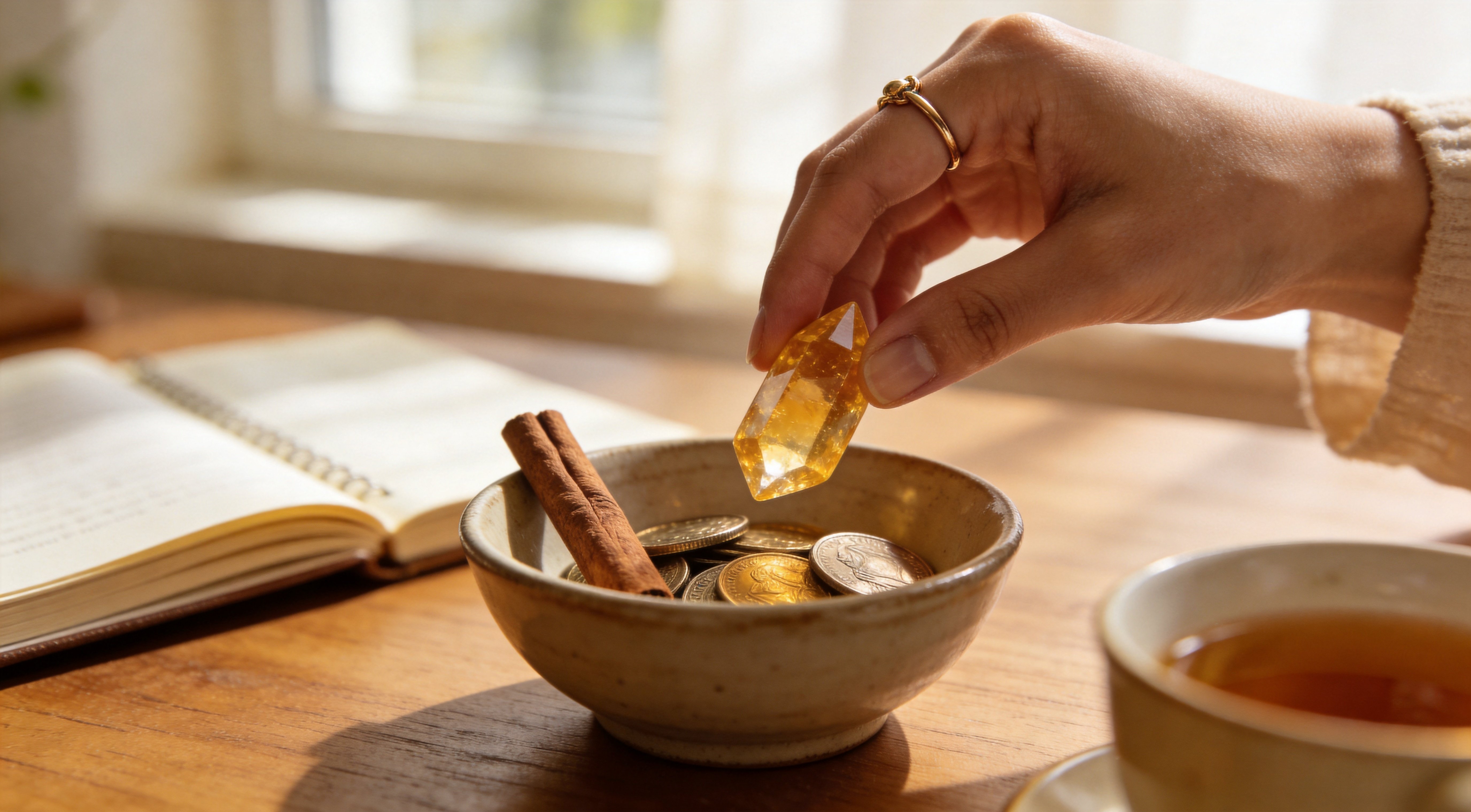 Citrine Crystal for Abundance, Prosperity, and Positive Energy Ritual Woman's hand placing a Citrine crystal into a bowl with coins and cinnamon, a gentle morning ritual for inviting abundance, prosperity, and positive energy.