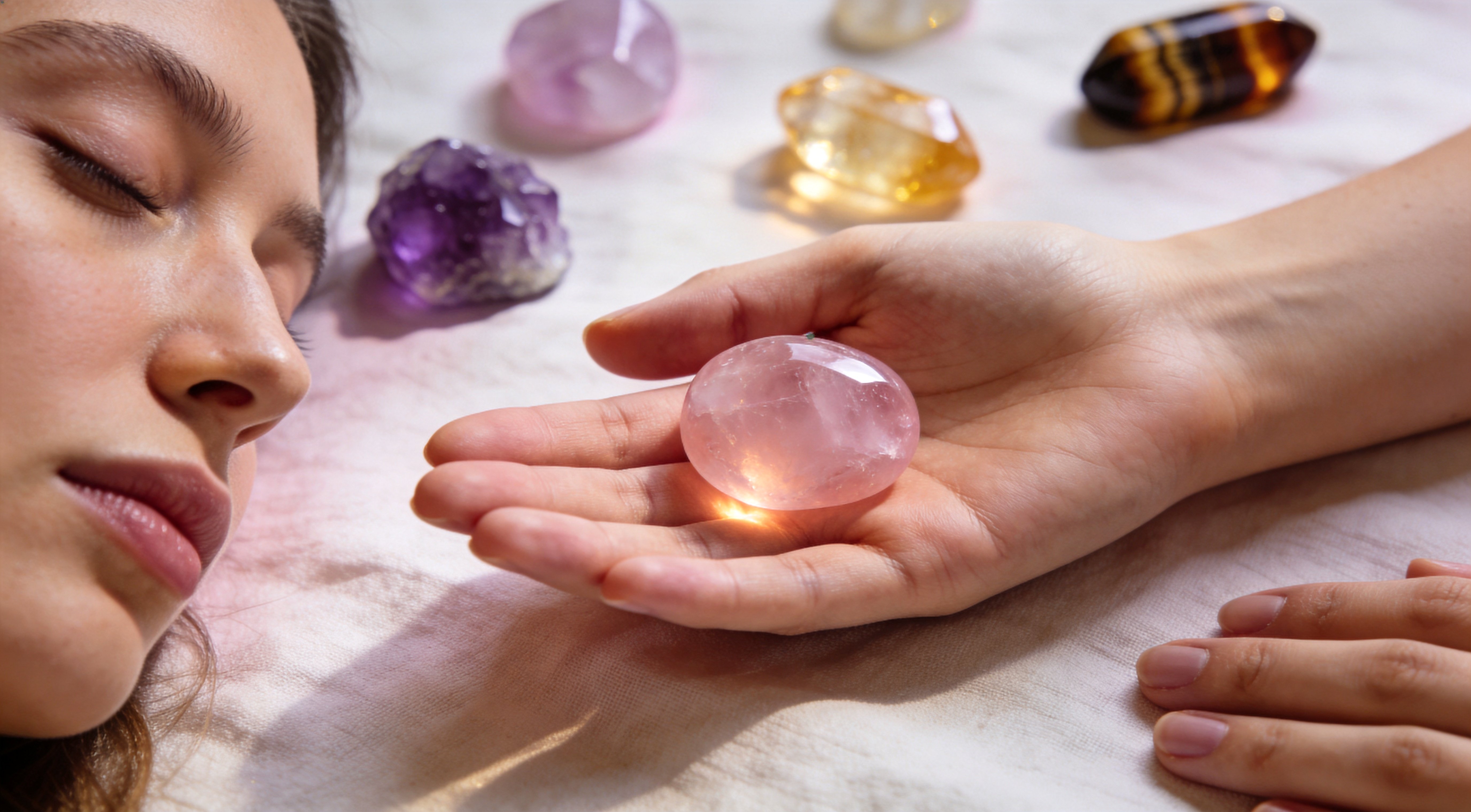 Woman's open palm holding a Rose Quartz crystal with eyes closed, intuitively sensing the right stone to match her intention in a quiet moment of choosing.