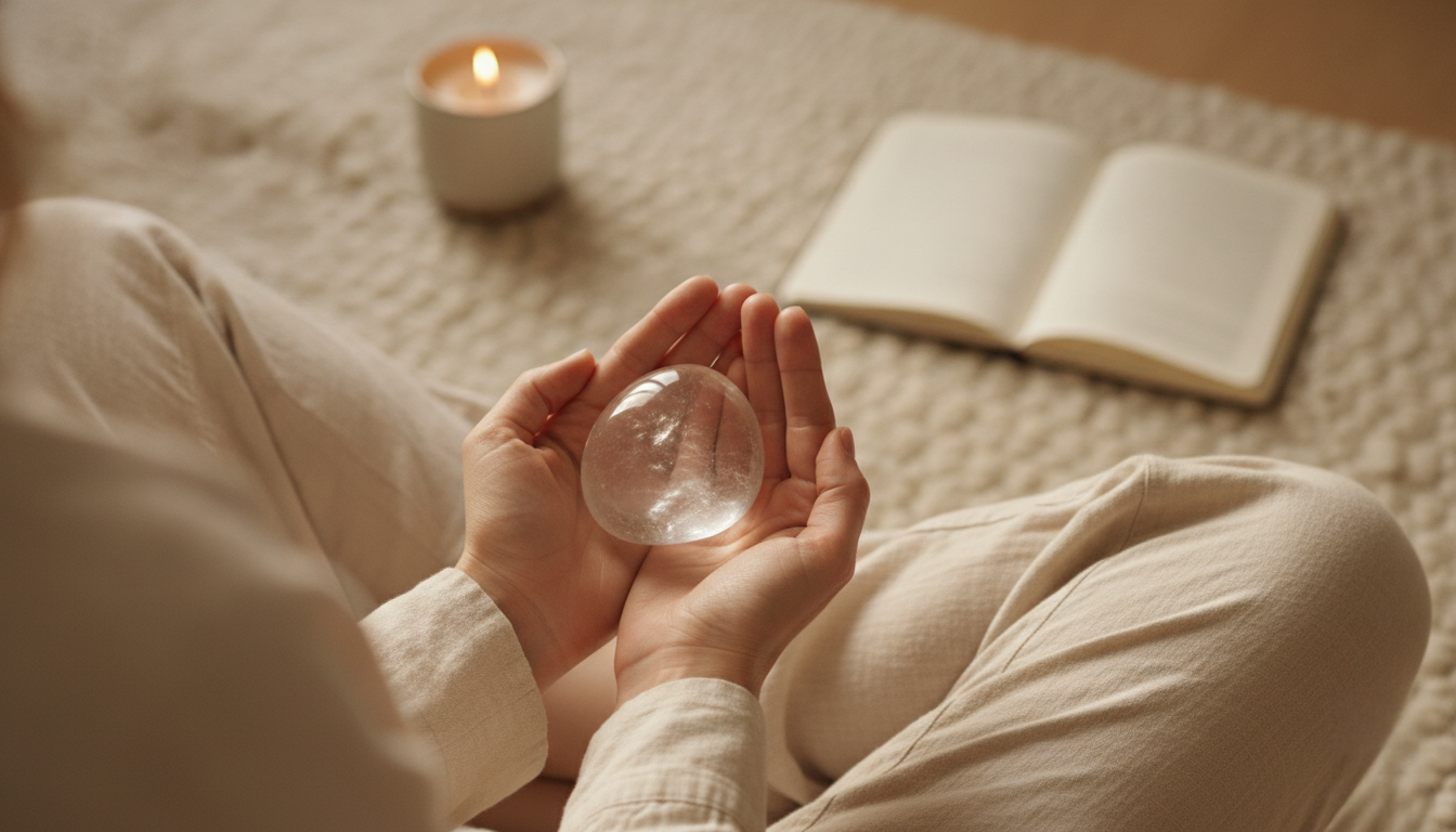 Woman's cupped hands holding a Clear Quartz crystal during meditation, creating a calm and focused beginner practice in soft natural light.