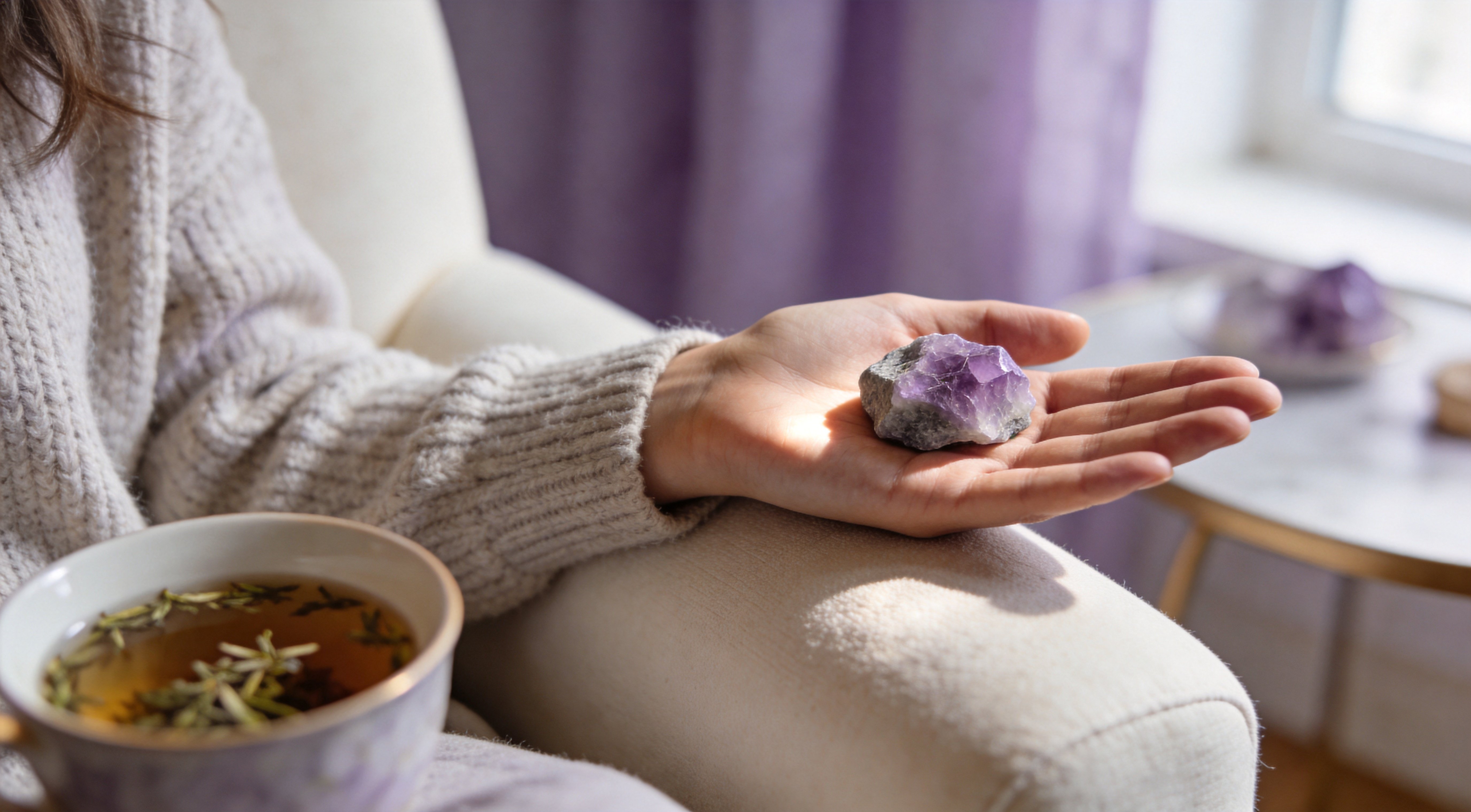 Woman's open hand holding a rough Lepidolite crystal in soft morning light, capturing a quiet moment of stress relief, emotional calm, and gentle self-care.