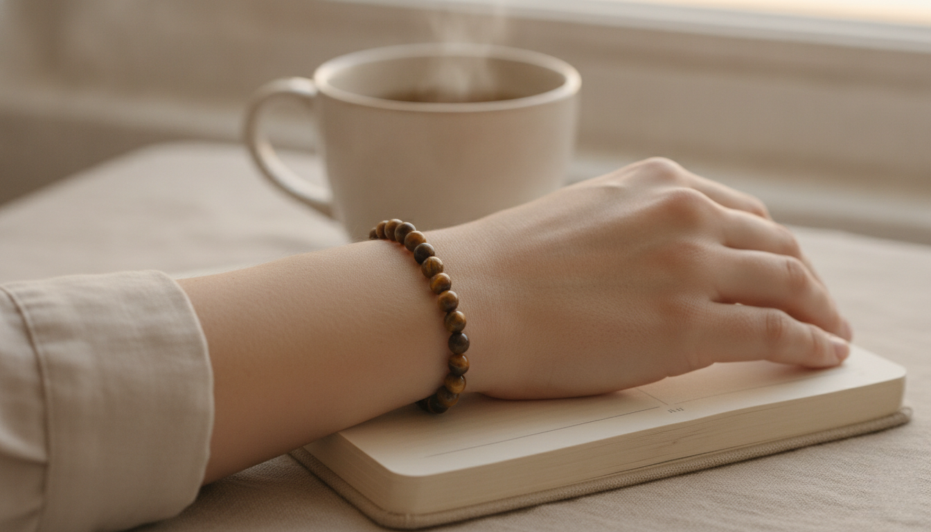 Tiger's Eye bracelet resting on a woman's wrist beside an open journal, capturing a calm morning moment of intention and grounded focus.