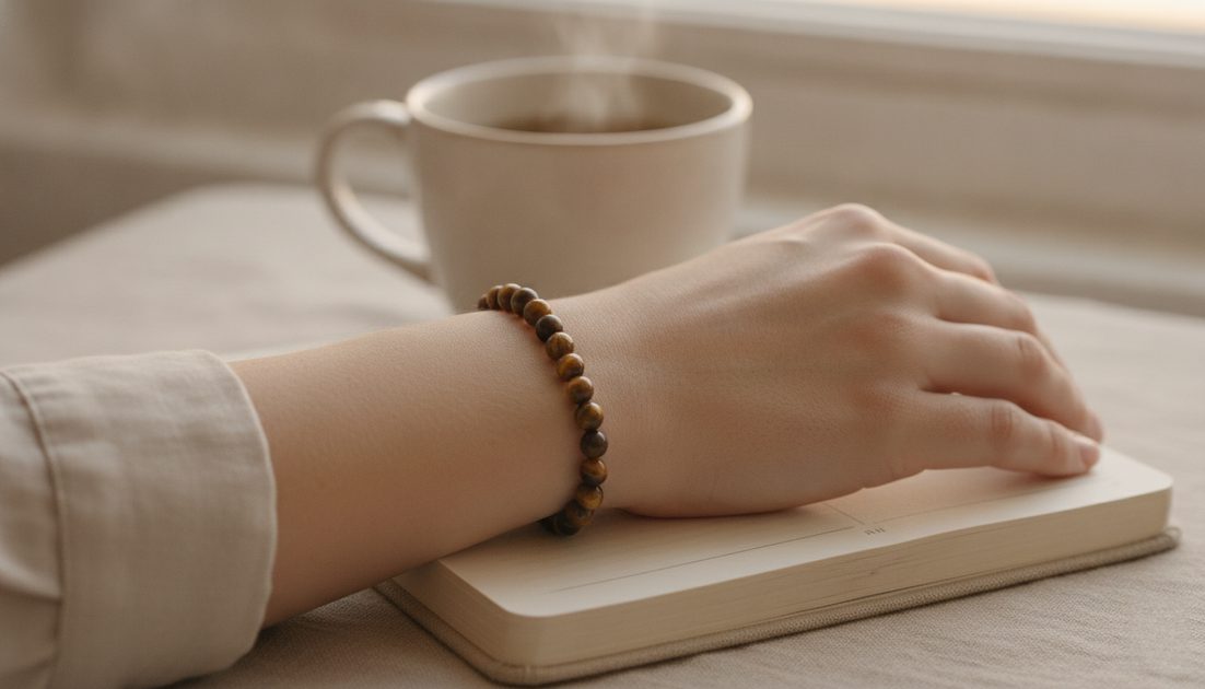 Tiger's Eye bracelet resting on a woman's wrist beside an open journal, capturing a calm morning moment of intention and grounded focus.