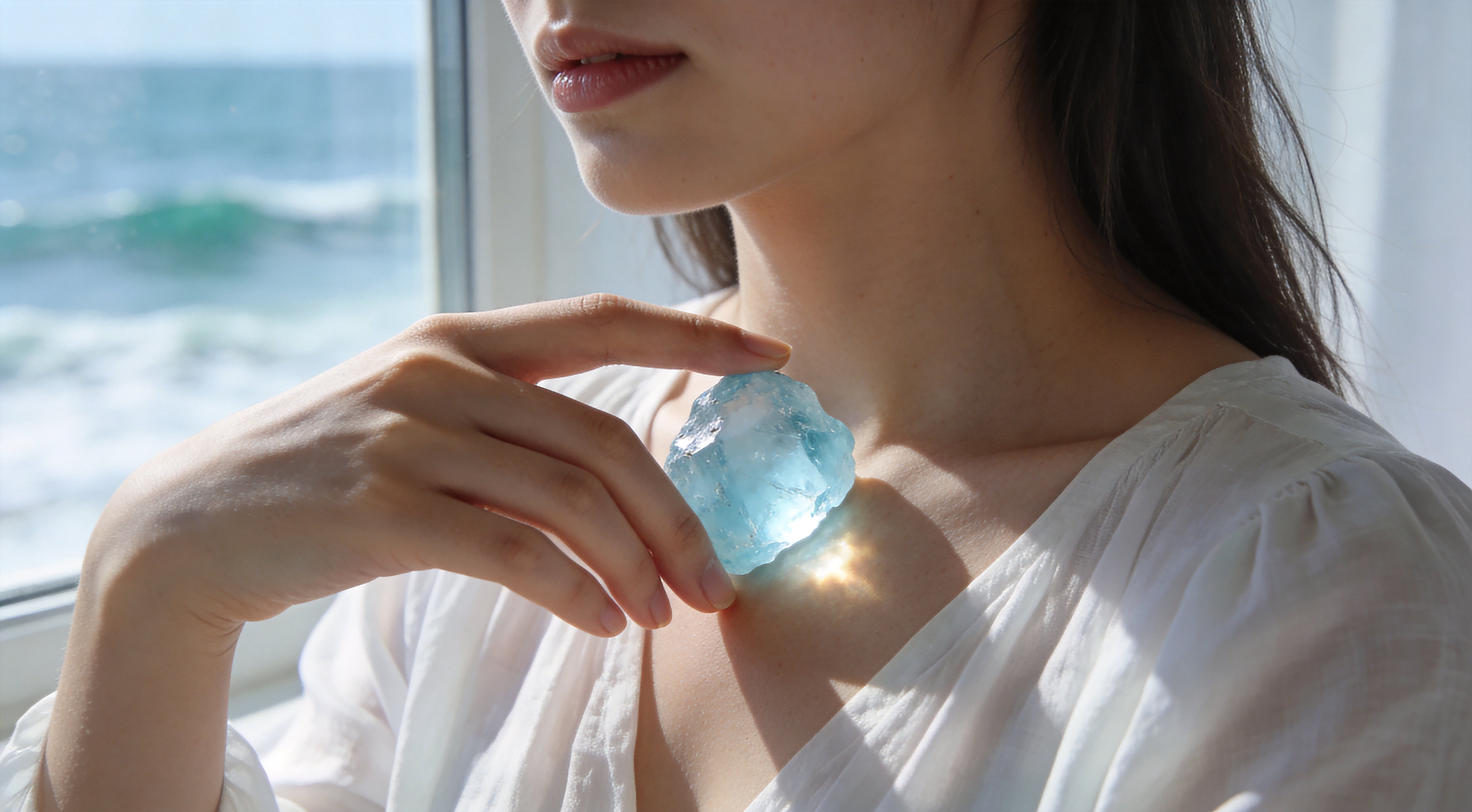 Woman holding a pale blue Aquamarine crystal near her collarbone in soft natural light, embodying Pisces gentle courage, calm communication, and quiet emotional clarity.