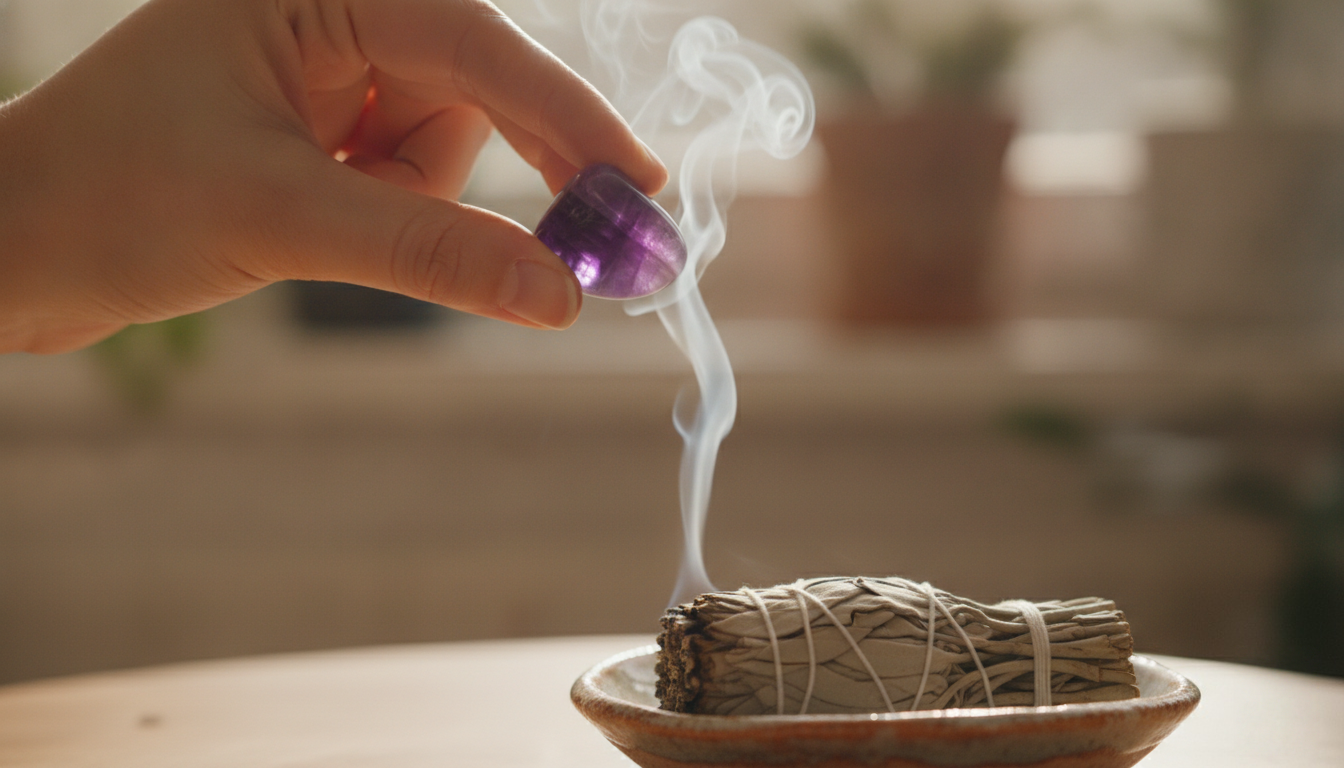 Woman's hand cleansing an Amethyst crystal with sage smoke, a gentle and safe method for clearing energy in a calm, intentional ritual.