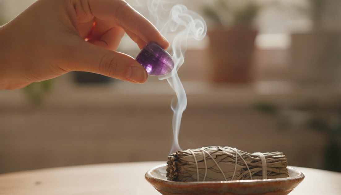Smoke Cleansing an Amethyst Crystal for Gentle Crystal Care Woman's hand cleansing an Amethyst crystal with sage smoke, a gentle and safe method for clearing energy in a calm, intentional ritual.