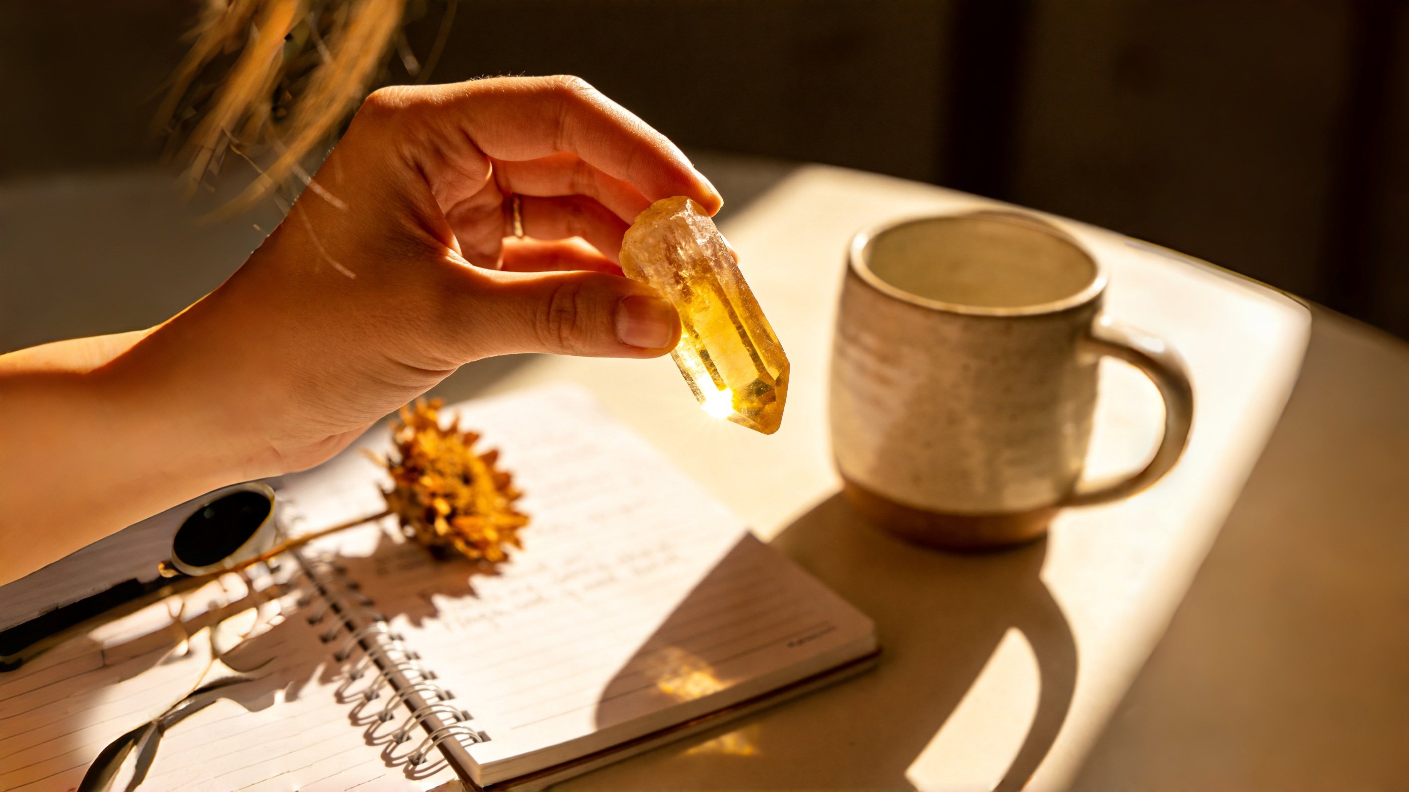 Woman's hand holding a glowing Citrine crystal in warm sunlight, embodying Leo creative fire, abundance, and joyful self-expression.