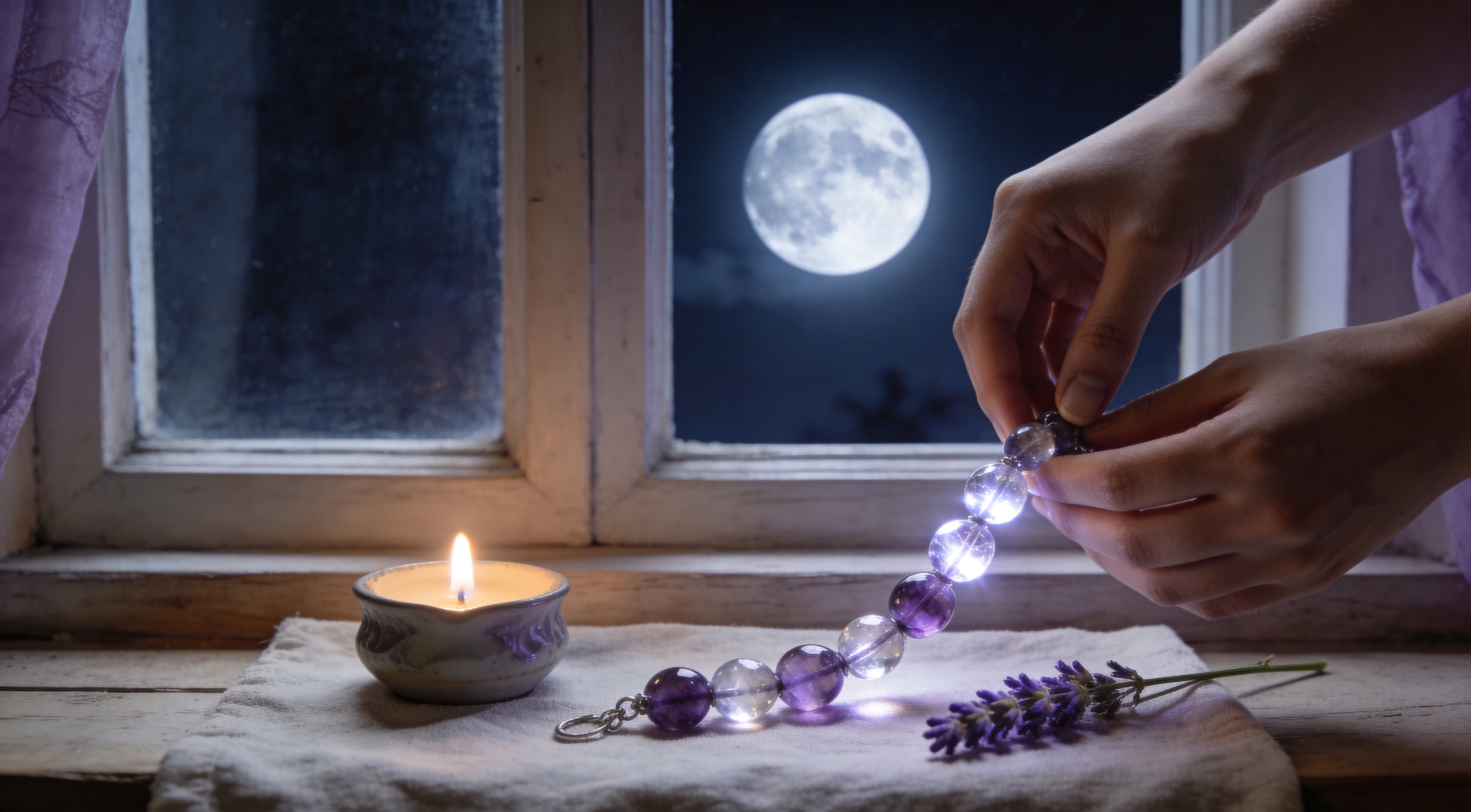 Woman's hands placing an Amethyst crystal bracelet on a moonlit windowsill for cleansing, a gentle act of caring for a crystal worn every day under the full moon.