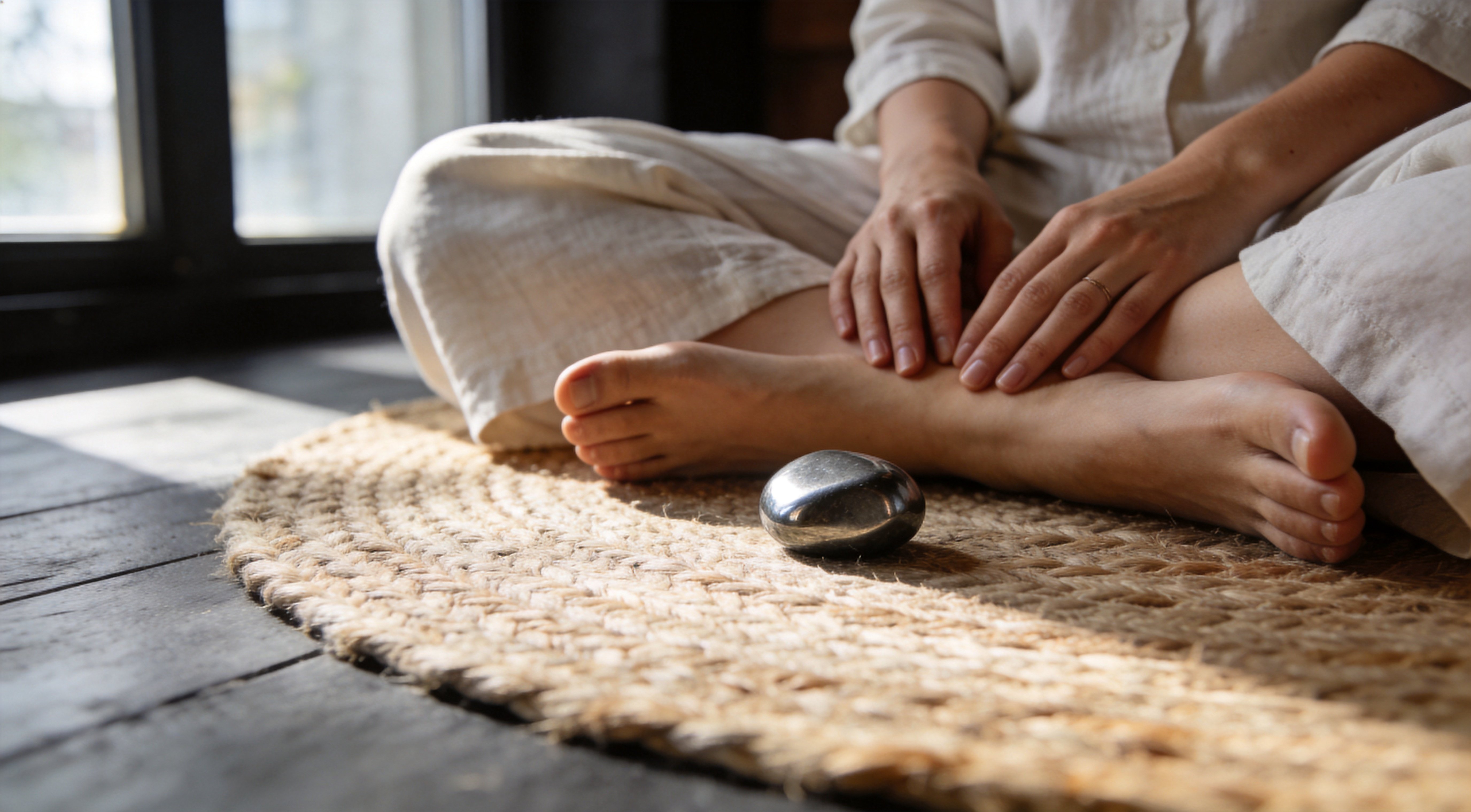 Woman's bare feet resting on a woven rug with a Hematite crystal placed between them, capturing a quiet moment of deep grounding, stability, and present-body connection.