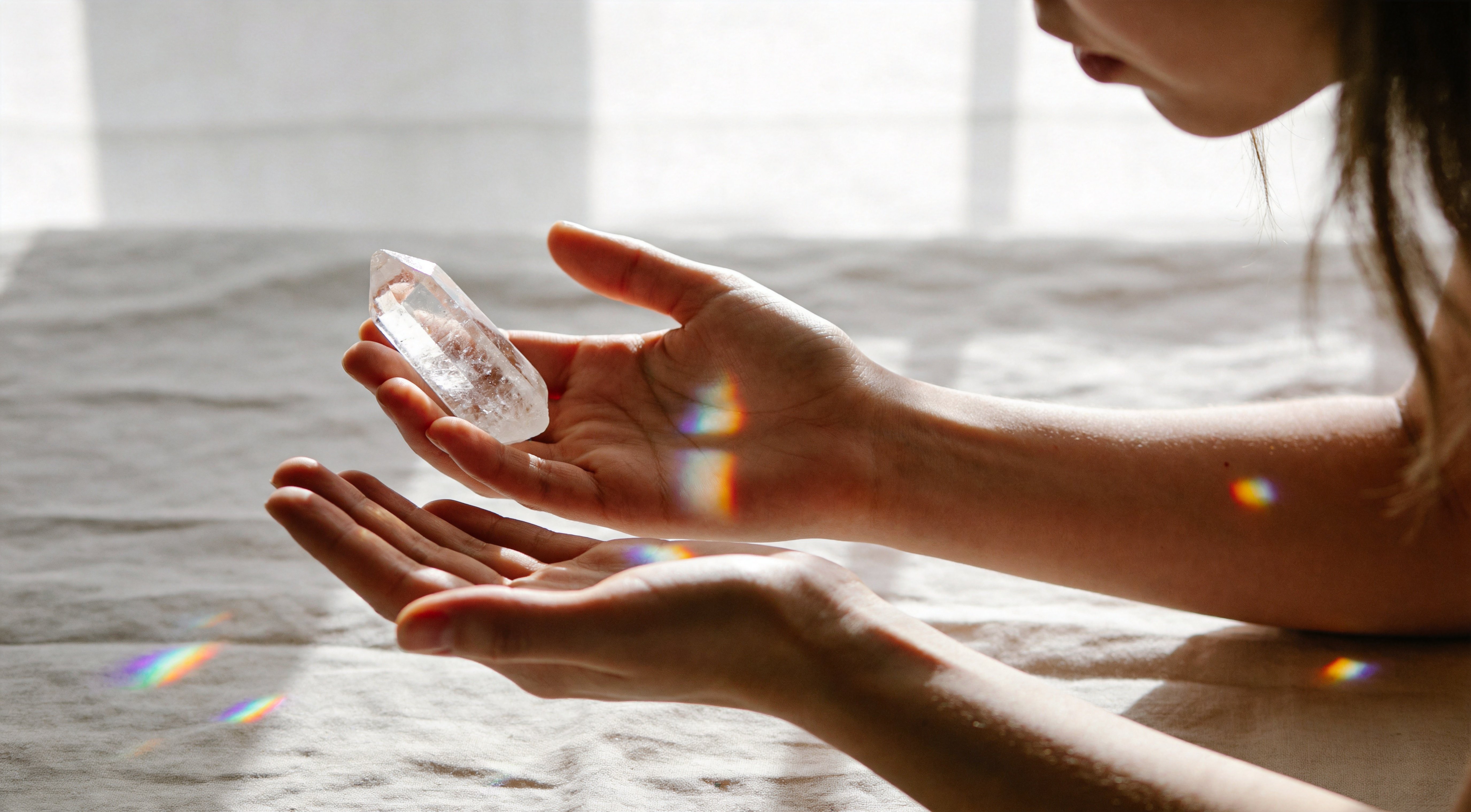 Woman's cupped hands holding a Clear Quartz crystal in sunlight, catching rainbow prisms as a symbol of amplifying intentions, clarity, and pure luminous energy.