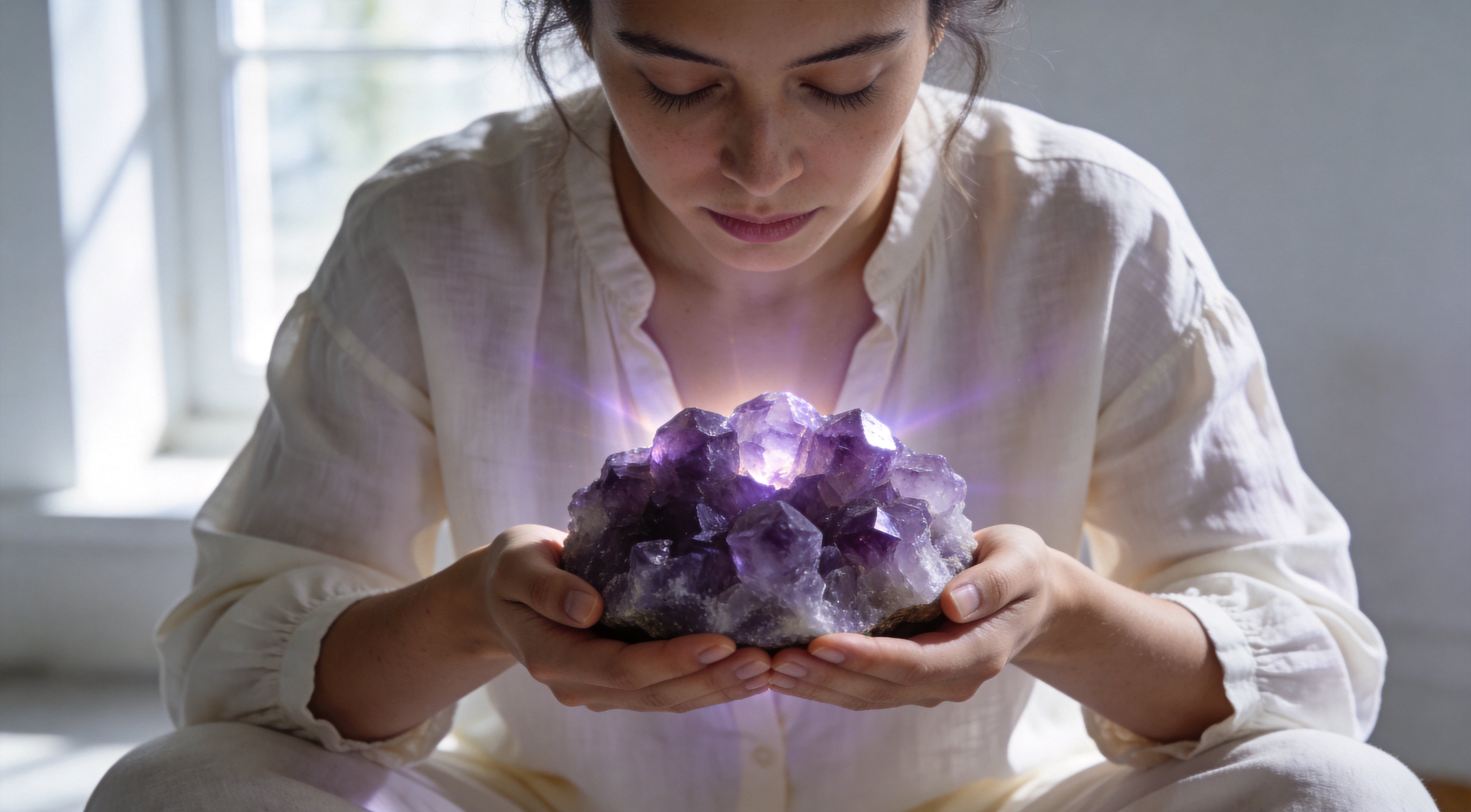 Amethyst Crystal for Spiritual Protection, Calm, and Intuitive Wisdom Woman's hands cupping an Amethyst crystal cluster at her heart, embodying spiritual protection, inner calm, and quiet intuitive connection in soft natural light.