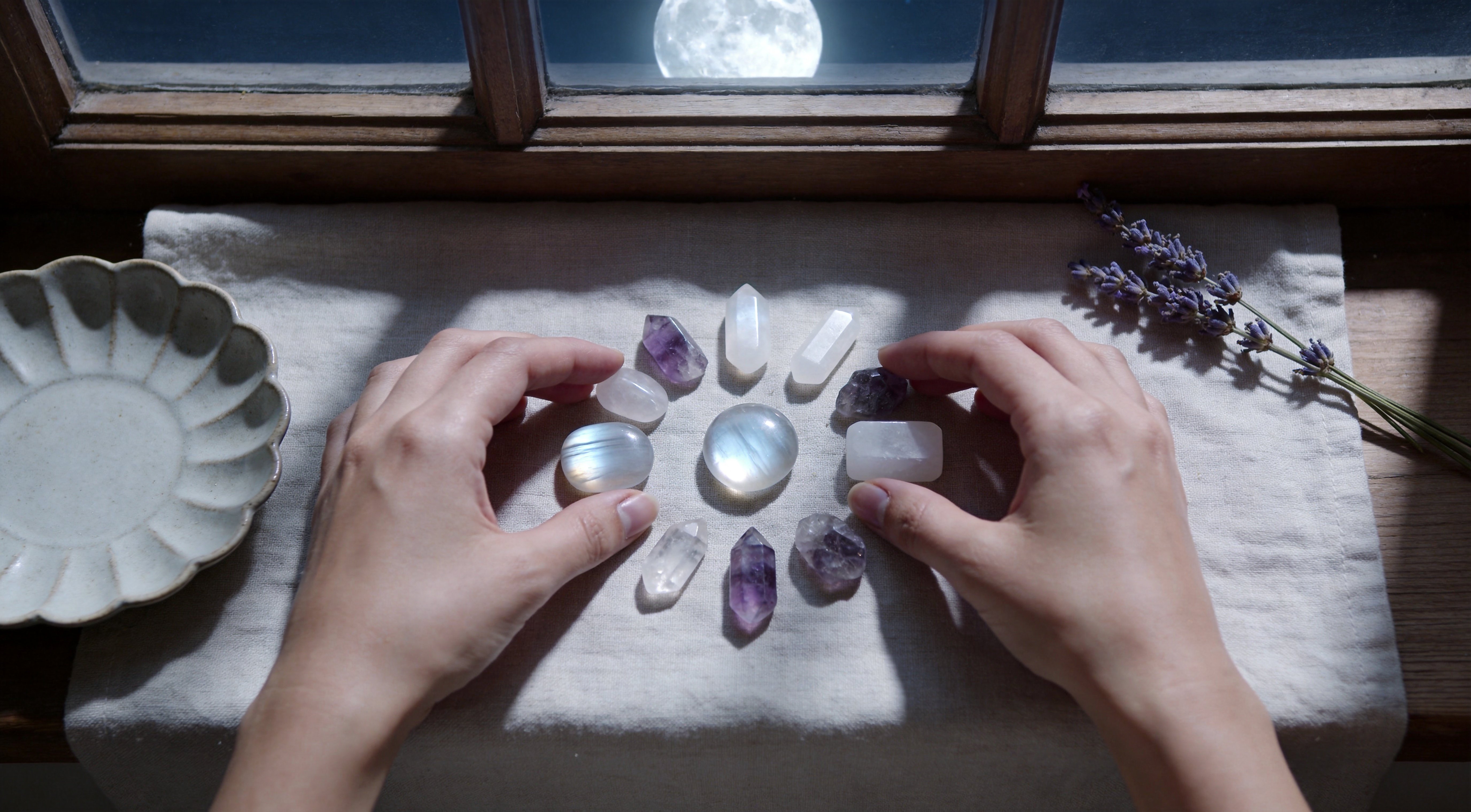Woman's hands arranging Moonstone, Selenite, and Amethyst in a circle on a moonlit windowsill, charging crystals under the full moon in a calm nighttime ritual.