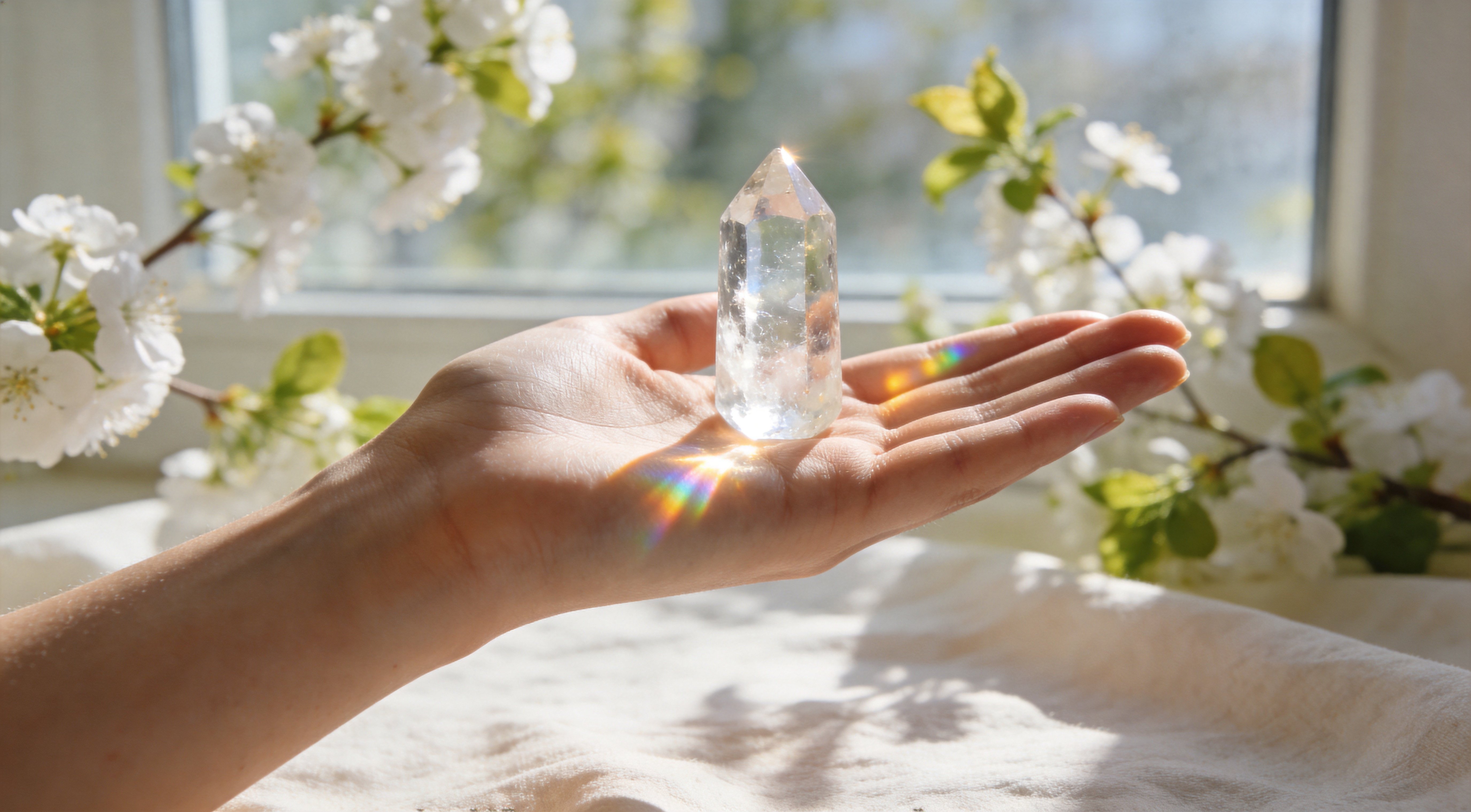 Woman's hand holding a Clear Quartz crystal point in morning light, catching rainbow reflections as a symbol of fresh perspective, clarity, and new beginnings.