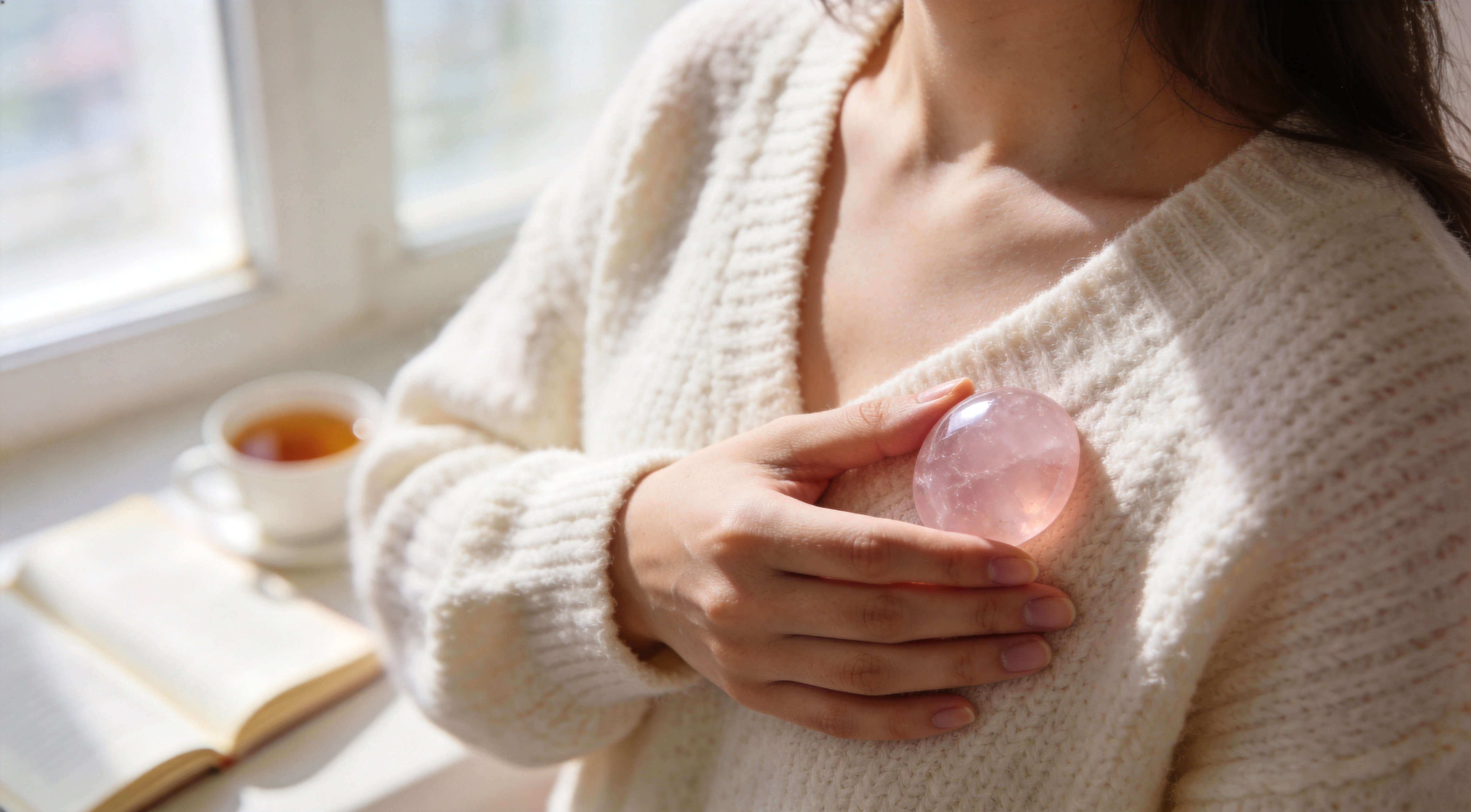 Woman's hand placing a Rose Quartz crystal over her heart, embodying self-love, emotional healing, and gentle inner balance in soft morning light.